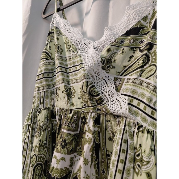 Y2K Babydoll Cami Top Paisley Lace Trim Sz L Forest Fairy - Picture 2 of 9